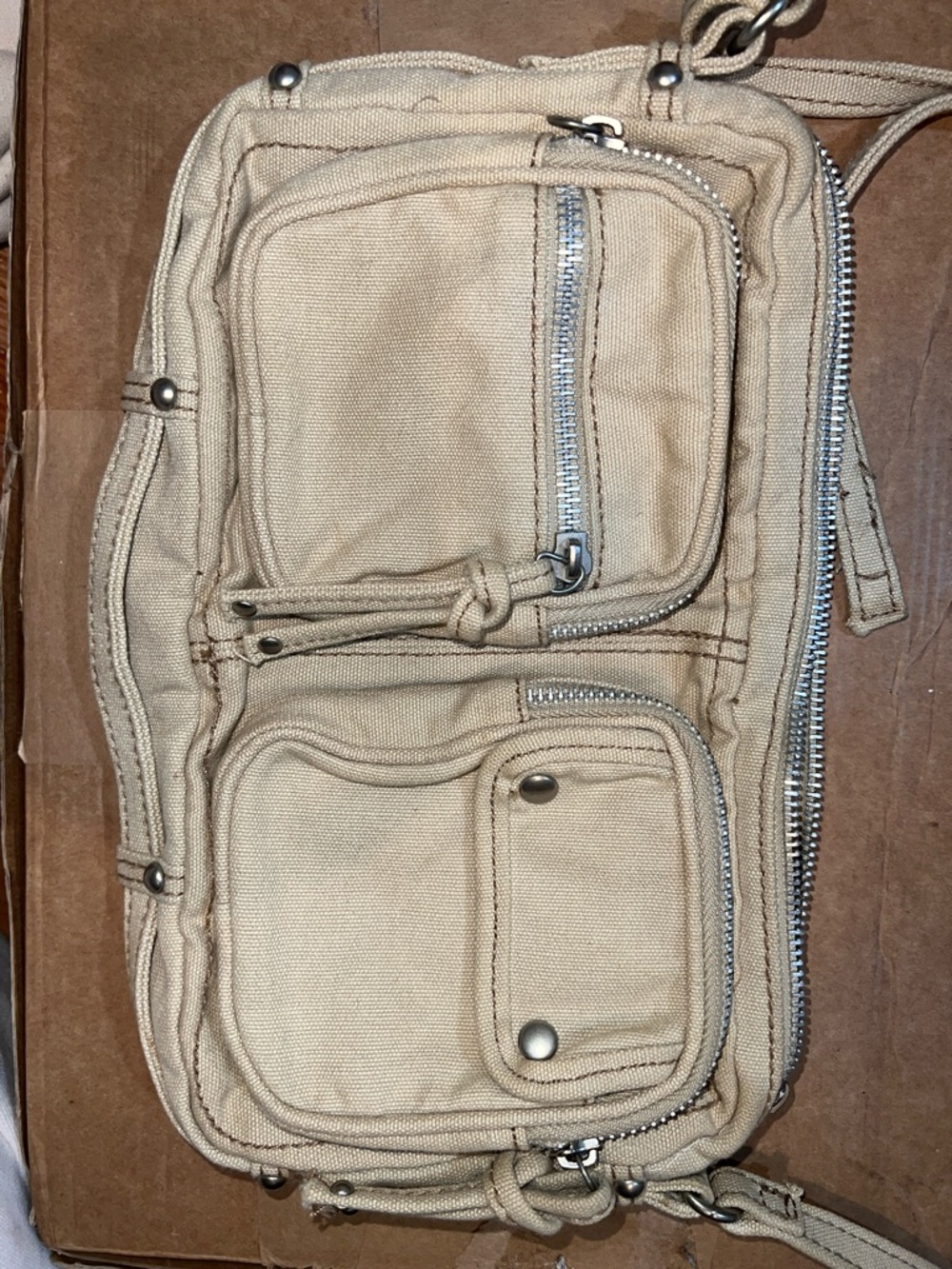 Y2K American Eagle Outfitters Beige Canvas Messenger Bag with Multiple Pockets